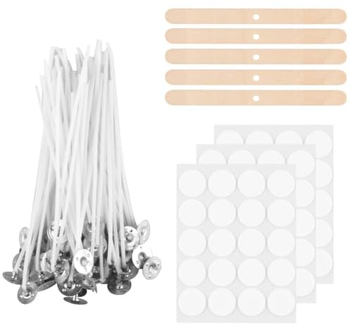 Kerzendochte zur Herstellung von Kerzen, 100 Stück, 15 cm, Baumwolle, vorgewachst, mit 5 Kerzendochthaltern und 3 Bögen Punkt-Aufklebern, für Kerzenherstellung, DIY Kerzenhandwerk