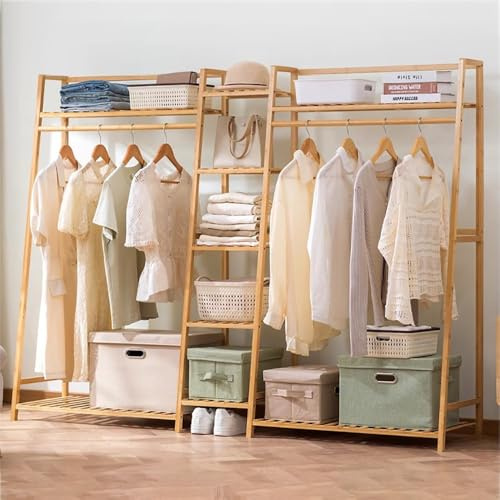 angroups Kleiderständer aus Bambus, Freistehender Garderobenstände, Multifunktional Kleiderstange mit Regal und Schuhablage, Offener Kleiderschrank, Garderobe für Schlafzimmer Flur
