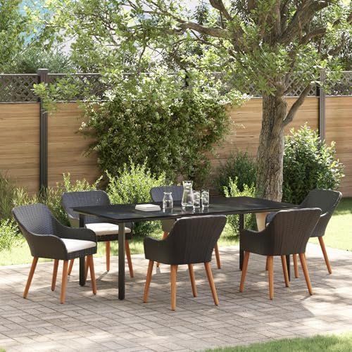 Qnhdfrt 7-teiliges Garten Esstisch Set Schwarz Rechteckig Outdoor mit 6 Stühlen Metall und Holz Modern Robust Bequem für Balkon Garten Terrasse