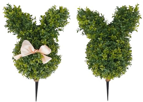 Hasen Topiary 3D – 2er Set Künstlicher Buchsbaum Hase Gartenstecker, Bunny Topiary Outdoor Dekoration, Wetterfeste Hasen-Formschnitt Figuren für Garten, Terrasse, Ostern (Grün, 55 cm)