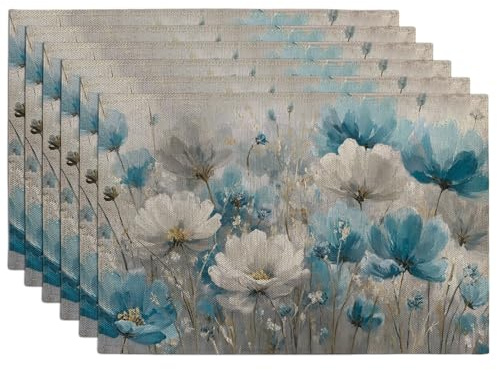 Platzdeckchen mit Blumenmuster für den Frühling, Sommer, Blau, Landhausstil, Platzsets für Esstisch, rutschfest, waschbar, für drinnen und draußen, Party, dekoratives Tischset, 6er-Set