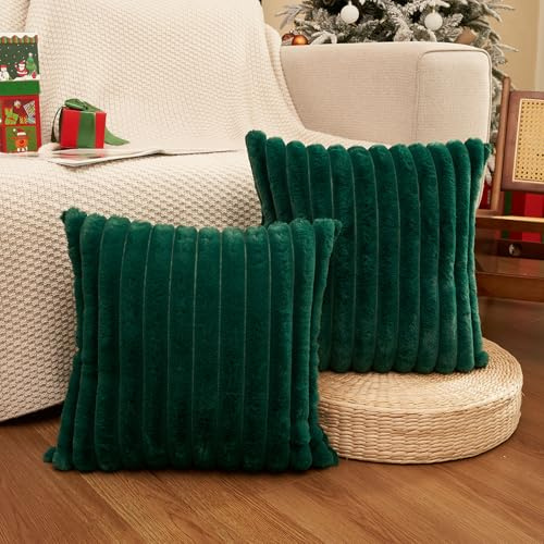 Dark Green Christmas Cushion Covers 45 x 45 Fluffy Faux Fur Set of 2 Throw Pillow Covers Soft Plush Pillowcases for Sofa Bed Modern Style Home Decor Fluffy Striped Cushion Cover 18x18 Inches