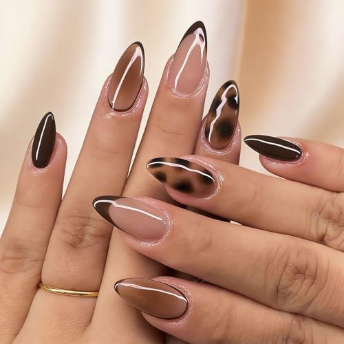 Almond Press on Nails Short Fall Fake Nails with Leopard Print Designs Glossy Brown Glue on Nail French Tip False Nail with Jelly Glue Brown Acrylic Full Cover Stick on Nails for Women 24PCS