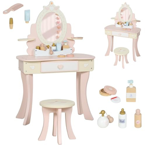 AIYAPLAY Schminktisch Kinder, Schminktisch-Set mit Hocker, Schublade, abnehmbarem Spiegel, Frisiertisch mit Regal, 7 Spielzubehörteilen, 2-in-1-Kosmetiktisch für Kinder ab 3 Jahre, Rosa