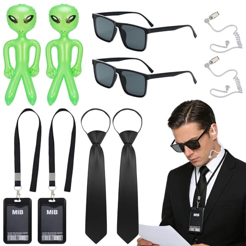 10 Stück Agent Kostüm Zubehör, Men In Black Mib Kostüm Zubehör Set, Geheimdienst Spion Agenten Accessorie Set mit Schwarz Sonnenbrille Krawatte Kopfhörer Ausweis und Kartenhülle Aufblasbare Requisiten