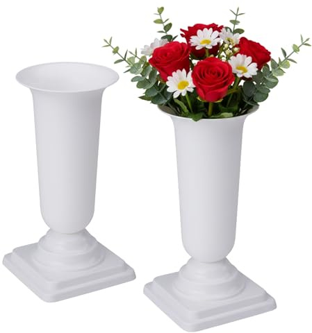 matches21 HOME & HOBBY Wetterfeste Grabvasen mit Sockel 40 cm weiß - 2 Friedhofsvasen zum Hinstellen als Grabschmuck