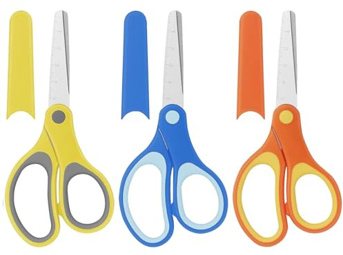 Kinderschere, 3 Stück Sicherheitsschere mit Abdeckung und Skala, Bastelschere mit stumpfer Spitze, Rechts-/Linkshänder Edelstahl Schere, für Zuhause & Schule, Langlebig & Sicher, 14,6 cm, (3 Farben)