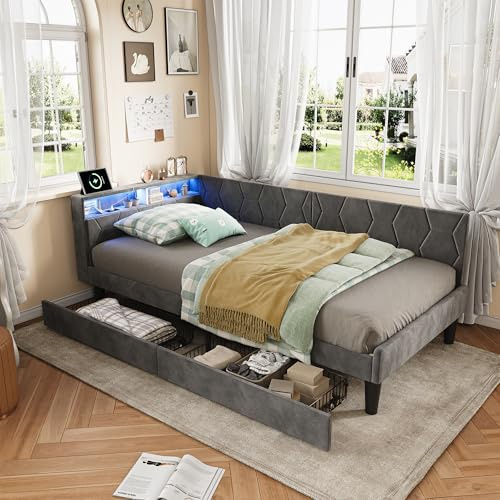 WSOFZMO Schlafsofa 90x200 cm, Einzelbett mit 2 Schubladen, Polsterbett Daybett Tagesbett mit mit LED, Jugendbett Bettgestell mit USB und Typ-C, Samt, ohne Matratze (NEU GRAU 90 * 200)