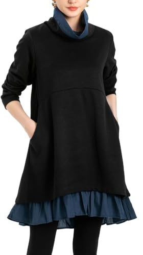 Minibee Damen Oversized Sweatshirt Kleid Rollkragen Langarm Tunika Tops Swing Kleider mit Taschen