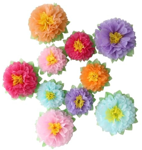 Mybbshower Colorful Fiesta Paper Flowers (9''-7'' Assorted) Set of 10 Outdoor Decoration Kids Birthday Carnival Rainbow Theme Party Backdrop Photo Booth Wall Decor