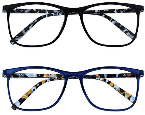 OPULIZE Arc Lesebrille 2er Pack Stilvolle Schlank Rechteckig Rahmen Gemusterte Bügel Federscharniere Kratzfest Schwarz Blau Herren Damen RR66-13 +2.50