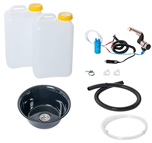 Wasseranlage Imbisswagen Verkaufsanhänger Campingküche 12v Bausatz Spüle schwarz 24cm (240mm) + Wasserhahn Barwig Chrom Wasserkanister 19Liter (ad-ideen)