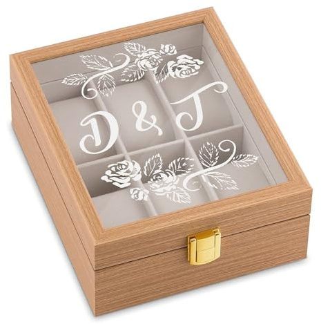 Maverton Uhrenbox mit Gravur für 6 Uhren, Jewelkeeper Hellbraun | Uhrenschachtel, 20x16,5x8cm, Uhrenaufbewahrungsbox aus Holz, personalisiert, Geschenk zur Hochzeit für Paare