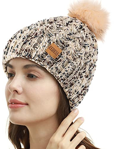 REDESS Damen Winter Pompom Beanie Mütze Fleece gefütterte warme Mützen, Dicke, lässige Schneestrickmütze für Damen