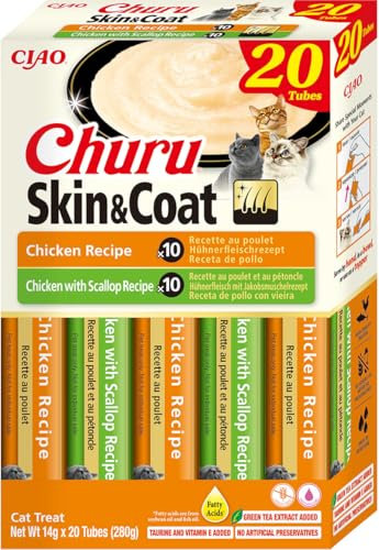 INABA Churu Skin & Coat mit Omega 3, Omega 6, Taurine, Huhn, Getreidefrei, Zuckerfrei, Cremige Premium Katzen Leckerlies, Katzen Schleckies für eine gesunde Haut und EIN glänzendes Fell 20 x 14 g