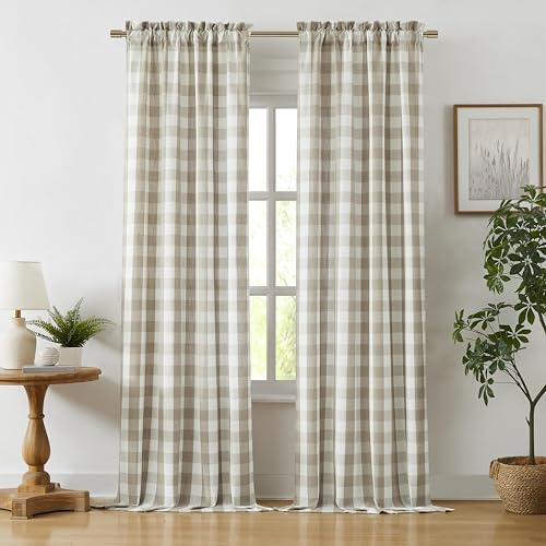 Bapawfish Tenda per finestra a quadri Vichy, colore marrone chiaro, 244 cm, colore beige e bianco, tenda semitrasparente, tasca per asta, trattamento finestra per camera da letto, soggiorno, 2 corsie
