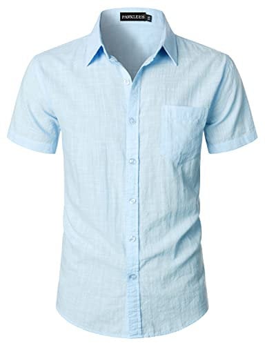 PARKLEES Men's Fitted Cotton Linen Casual Short Sleeve Button Up Shirts Lightweight Beach Tops with Pocket EU-PZLSC34-Sky Blue Large