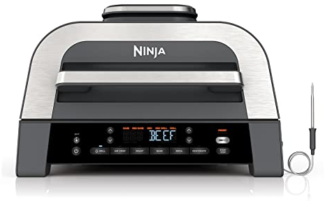 Ninja Parrilla interior 6 en 1 XL DG551 XL con freír al aire, asar, hornear, asar y deshidratar, termómetro inteligente Foodi, 2ª generación, negro/plata, cerámica