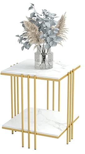 FATIVO Beistelltisch Gold Nachttisch Marmor: 2 Ablagen Couchtisch Wohnzimmertisch mit Goldenem Metallgestell für Wohnzimmer Schlafzimmer 44.5X44.5X 55.5 cm