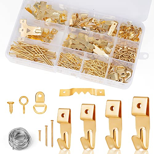 Ainiv 276 Stück Bilderhaken Bildaufhänger Set mit Draht, D Ringe, Augen Schraubösen, Zackenaufhänger, Stahl Haken & Nägel für Haus Büro Foto Bild Malerei Hängen, Fotorahmenhaken Aufhänger (Gold)