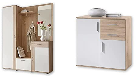 Stella Trading PATENT Flurgarderoben Set in Sonoma Eiche Optik, Weiß - 145 x 184 x 29 cm (B/H/T), Braun & Bobby Kommode in Eiche Sonoma Optik, weiß - Modernes Sideboard - 80 x 82 x 35 cm (B/H/T)