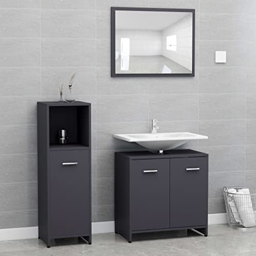 ECLAY 3-teiliges Badezimmer-Möbel-Set, graues Holz, Möbelsets, Badezimmermöbel-Sets,