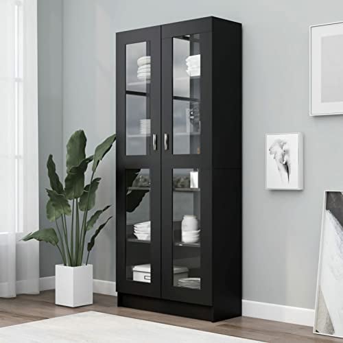 Festnight Armario Vitrina, Mueble Vitrina de Cristal,Vitrinas de salón,Aparador Cocina,Armario Auxiliar de Almacenamiento,con 5 Estantes 2 Puertas, 82,5x30,5x185,5 cm Negro