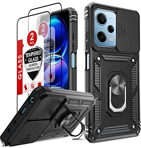LeYi Funda para Xiaomi Redmi Note 12 Pro 5G/Xiaomi Poco X5 Pro 5G con 2 Pcs Vidrio Templado, Armor Carcasa Cubierta de cámara Proteger con 360 Anillo Soporte PC y Silicona TPU Case, Negro