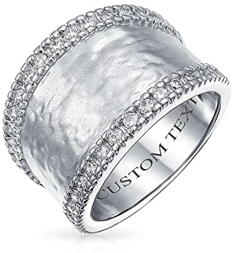 Bling Jewelry Personalized Modern Style CZ Accent Band Fashion Statement Brushed Hammered Matte Finish Wide Band Ring For Women Silver Plated Brass Custom Engraved