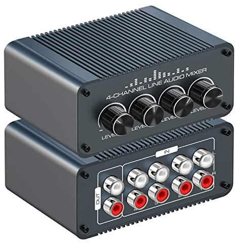 Tendak Mini mixer audio stereo passivo a 4 canali RCA mini stereo 4 in 1 out RCA L/R mixer audio con comandi di volume separati per strumenti misti, computer, lettore CD