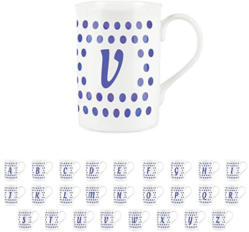 Indigo Polka Dots Spots Letter V Mug - Fine Bone China Alphabet Initials Gift/Present Mug