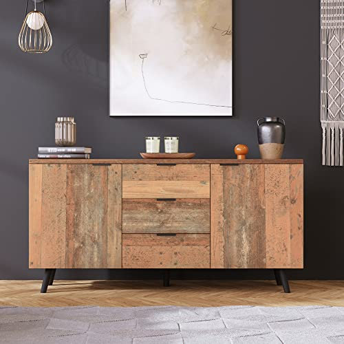 Merax Stylish Sideboard Storage Cabinet, Elegant TV Stand with Adjustable Shelves, Vertical Design, 3 Spacious Drawers for Living Room, Dining Room, or Bedroom, Vintage Brown, 140 x 35 x 70 CM