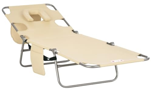 Outsunny Foldable Sun Loungers Beach Chaise Lounge Beige | Reading Hole, Arm Slots, 5-Position Adjustable Backrest, Side Pocket, Pillow, Garden, Beach, Camping