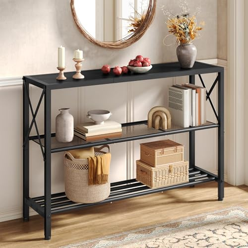 Hoctieon Industrial Console Table, 3 Tier Entryway Table, Hallway Table, Narrow Sofa Table with Shelves, Entrance Table for Entryway, Living Room, Foyer, Office, Black