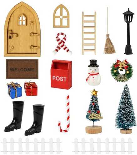LOHAME 18Pcs Wichteltür Set Weihnachten Wichtel Zubehör Weihnachtswichtel Set Feentür Miniatur Wichtelhaus Weihnachtsdeko Holz Wichtel Tür Weihnachten Geschenke für Kinder Jungen Mädchen