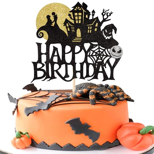 1 Stück Halloween Tortendeko Glitzer Happy Birthday Halloween Cake Topper Zauberer Gespenst Kürbis Kuchen Deko für Gespenst Zauberer Hexe Thematische Kuchendekoration Geburtstag Party Schwarz Gold