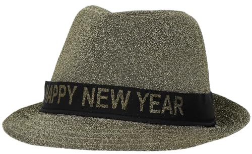 Folat 04473 Trilbyhut 'Happy New Year' Lurex Gold - Silvester Deko, Neujahrs Party, Hutband mit Schrift Frohes Neues Jahr, Happy New Year