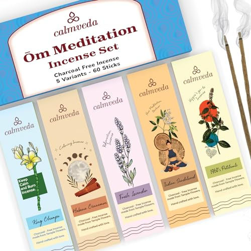 CALMVEDA Set Meditazione bastoncini - (90 grammi) 5 profumati: Incenso sandalo, lavanda, patchouli, Nag Champa Originali, Cannella