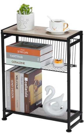 Dulcii Petite table d'appoint pour petits espaces – Table d'appoint fine avec porte-revues – Table d'appoint étroite pour salon – Table de chevet fine pour chambre à coucher – Chêne