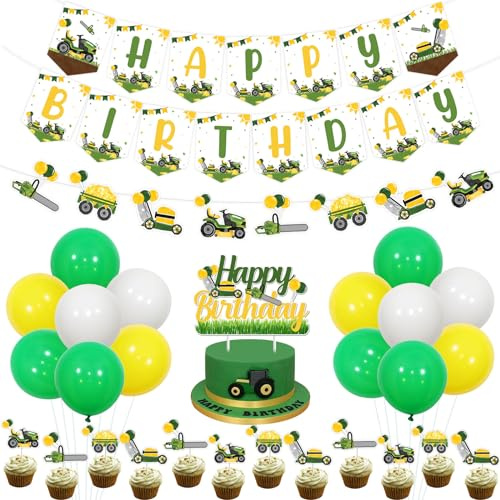 Kreatwow Lawnmower Birthday Party Decorations Green Tractor Happy Birthday Banner Lawnmower Birthday Garland Lawnmower Birthday Cake Toppers Farm Farmyard Party Decor for Tractor Birthday Party Supply