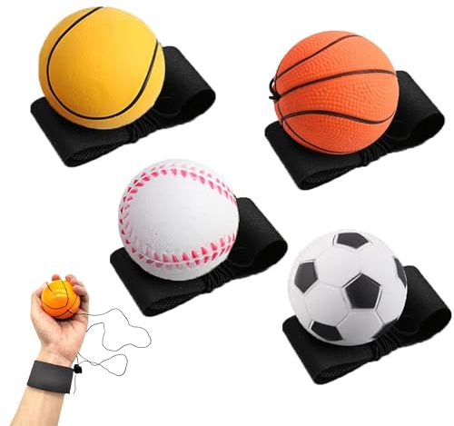 CHENNAN 4 Pezzi Palla con Elastico da Polso, Ø 6cm Palla Rimbalzante con Corda, Palla da Polso con Corda Pratico Ideale per Alleviare la Rigidità Delle Dita (Calcio, Basket, Baseball, Tennis)