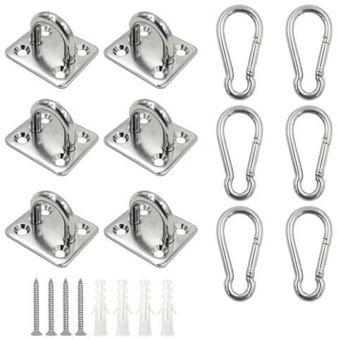 DUGYIRS 6 Stück Edelstahl Karabiner und Augplatten mit Öse,Edelstahl Decksplatte,Augplatten für Sonnensegel,Schaukel,Wand-Befestigung,Decken-Befestigung