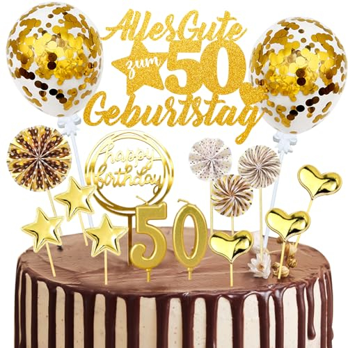 Tortendeko 50. Geburtstag Mann Frau, 20 Stück Gold Kuchendeko Cake Topper 50 Geburtstag Deko, Glitzer Alles Gute zum 50 Geburtstag mit Geburtstagskerzen Konfetti Luftballons Papierfächer