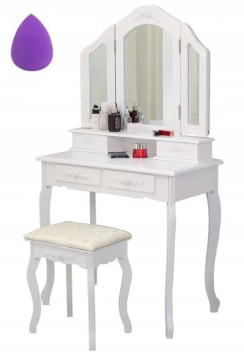BDW Toilette TL04 - con specchio, cassetti e sgabello - tavolino - per camera da letto, cameretta dei ragazzi -Tavolo da trucco - Tavolo da toeletta - Tavolo per cosmetici - Stile vintage - Bianco