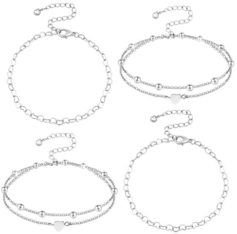 SUPRBIRD Lot de 4 Bracelets de Cheville En Forme de Coeur en Argent, Multicouche Charme Pied Chaîne Bracelet de Cheville Couches Superposées Cheville, Coeur Boule Ronde Styles, Réglable