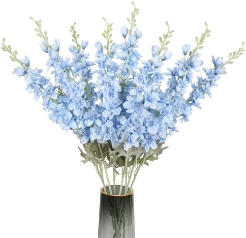 ICBOX 8PCS Blue Delphinium Artificial Flowers Larkspur Fake Flowers 33.5in Long Stem Faux Silk Flowers Bulk for Tall Vase for Home Wedding Floral Arrangement Centerpiece Table Decorations (Baby Blue)