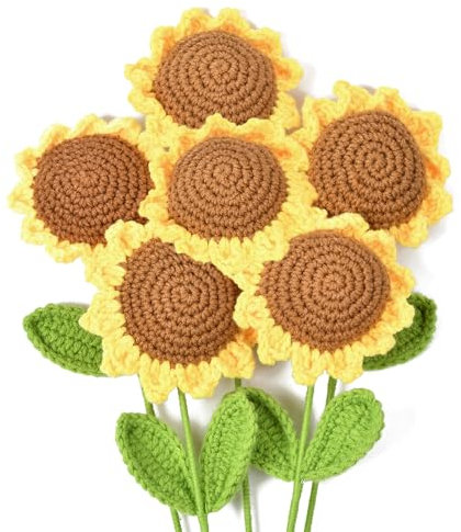 MPEIPILA Fiori Uncinetto,Girasole Uncinetto 6pz, Fiori all Uncinetto, Fiori di Girasole, Fiori Artificiali Realistici, Mazxo di Fiori, Bouquet Girasoli, Fatto a mano Uncinetto Fiori,Girasoli Uncinetto