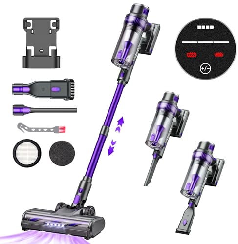 Aspirapolvere Senza Fili, Aspirapolvere a Stelo Potente da 30 Kpa, Display a LED, Tre Modalità, 40 Min Autonomia Aspirapolvere Portatile Ricaricabile per Peli di Animali Tappeti in Legno Duro, Viola