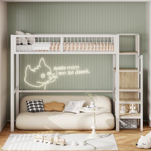 Kebnor Hochbett 90 * 200 mit Leiter, Kinderbett mit Eisenrahmen und Aufbewahrungsregal, Kleiderschrank (Weiß)