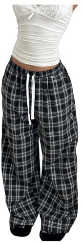 GORGLITTER Pantalon à carreaux pour femme - Élégant - Pantalon large avec cordon de serrage - Pantalon de loisirs - Avec poches - Jambes longues - Pantalon de pyjama, Noir/blanc, L
